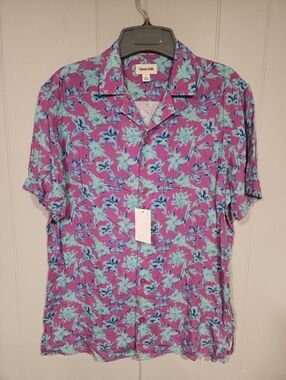 Open Edit Hawaiian Shirt Men Small Teal Pink Floral Button Up Tropical Aloha NWT